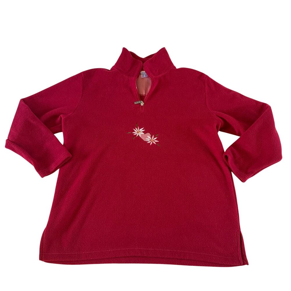 Vtg Y2K 2000s Red Floral Embroidered Fleece Cottagecore Pullover Plus Size XXL
